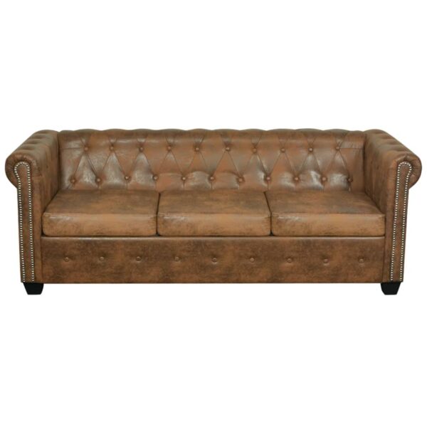 Trzyosobowa sofa Chesterfield ze sztucznej skóry, brązowa - obrazek 2