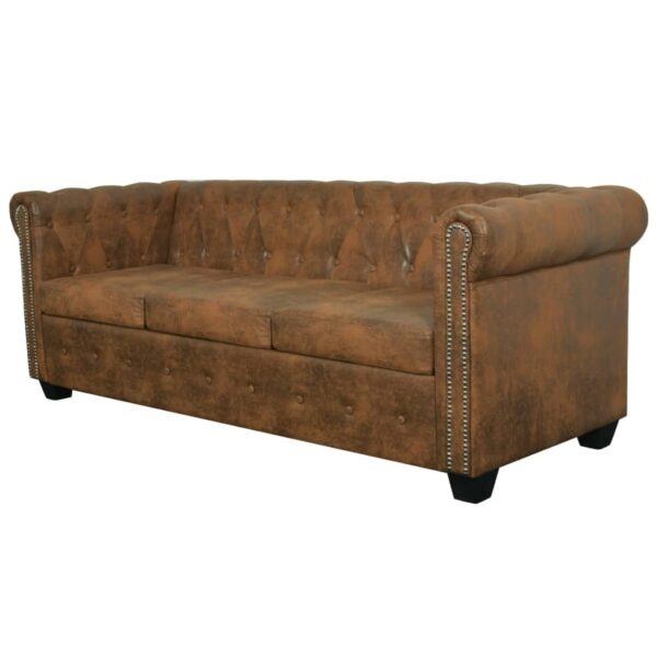 Trzyosobowa sofa Chesterfield ze sztucznej skóry, brązowa - obrazek 3