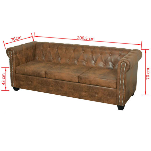 Trzyosobowa sofa Chesterfield ze sztucznej skóry, brązowa - obrazek 7
