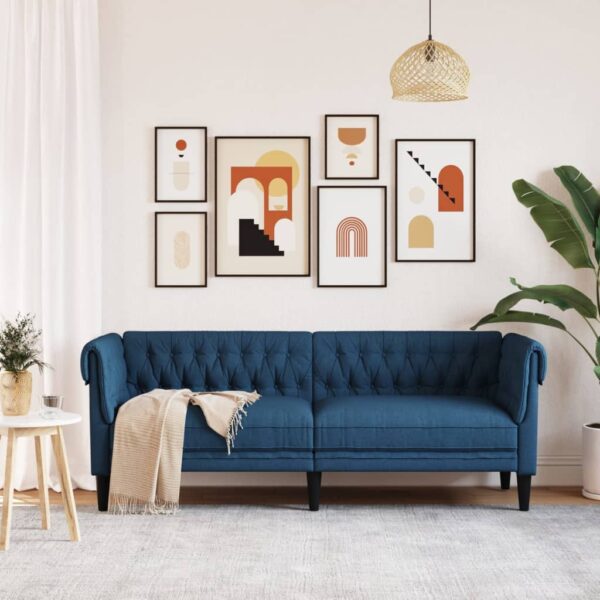 Sofa Chesterfield, trzyosobowa, niebieska, obita tkaniną - obrazek 3