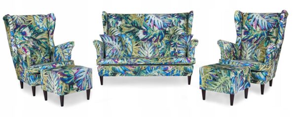 Zestaw wypoczynkowy mebli uszak Ari Print sofa fotele pufy komplet