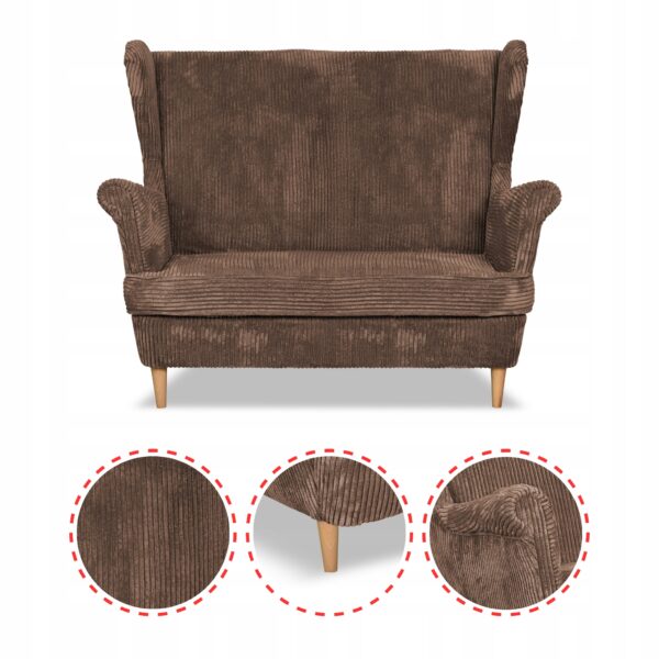 Zestaw wypoczynkowy uszak Bonito sofa fotele brązowy sztruks - obrazek 4