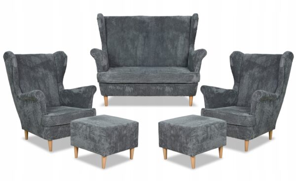 Zestaw wypoczynkowy uszak Bonito sofa fotele pufy szary sztruk - obrazek 10
