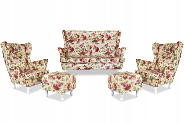 Zestaw wypoczynkowy mebli uszak Ari Print sofa fotele pufy komplet