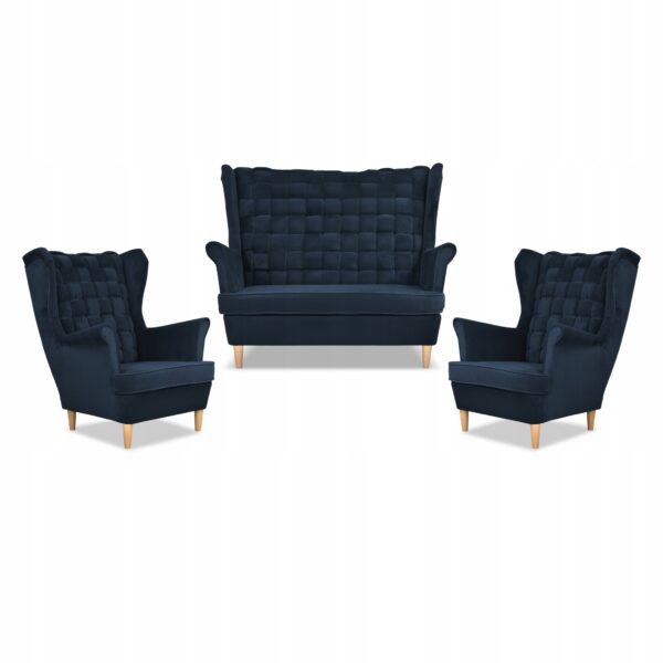 Zestaw wypoczynkowy Carol sofa fotele paski granatowy