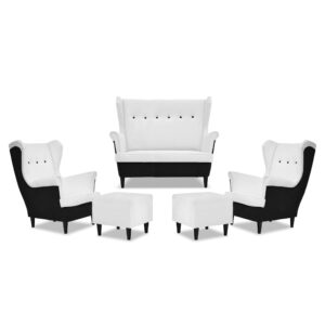 Zestaw wypoczynkowy ARI DUO sofa fotele pufy czarno - biały