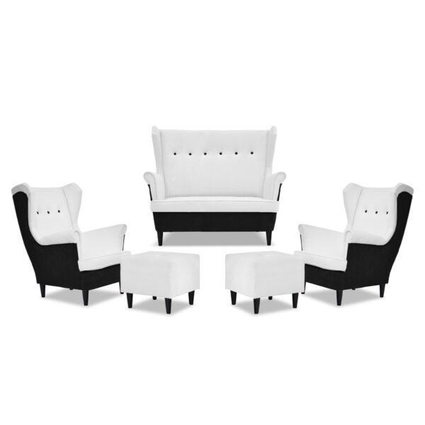Zestaw wypoczynkowy ARI DUO sofa fotele pufy czarno - biały