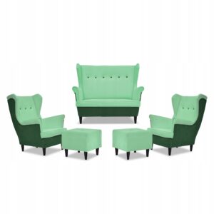 Zestaw wypoczynkowy ARI DUO sofa fotele pufy zielono - miętowy