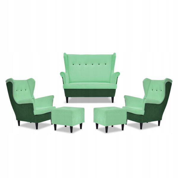 Zestaw wypoczynkowy ARI DUO sofa fotele pufy zielono - miętowy