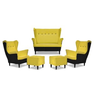 Zestaw wypoczynkowy ARI DUO sofa fotele pufy czarno - żółty