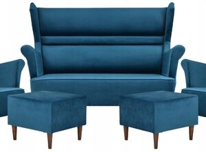 Zestaw wypoczynkowy mebli uszak Zoja sofa fotele pufy komplet nowy
