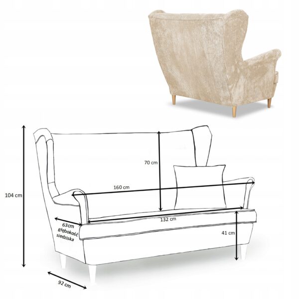 Zestaw wypoczynkowy uszak Bonito sofa fotele beżowy sztruks - obrazek 6