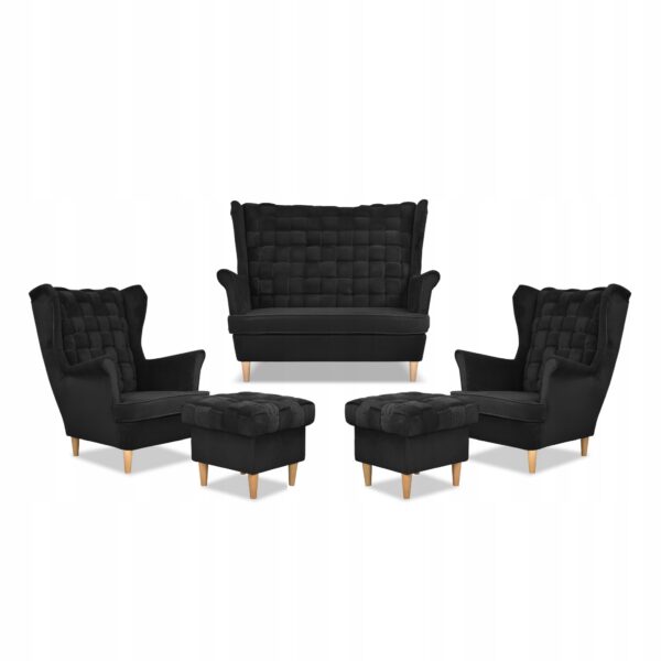 Zestaw wypoczynkowy Carol sofa fotele pufy paski czarny