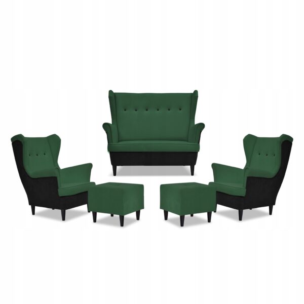 Zestaw wypoczynkowy ARI DUO sofa fotele pufy czarno - zielony
