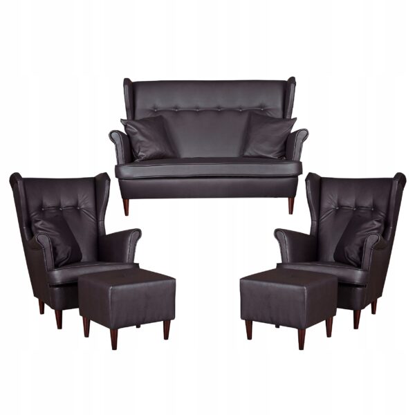 Zestaw wypoczynkowy mebli uszak Eko skóra sofa fotele pufy komplet