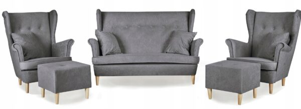Zestaw wypoczynkowy mebli uszak Ari sofa fotele pufy komplet