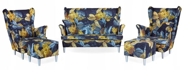 Zestaw wypoczynkowy mebli uszak Ari Print sofa fotele pufy komplet