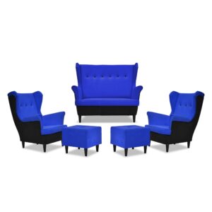 Zestaw wypoczynkowy ARI DUO sofa fotele pufy czarno - niebiesk
