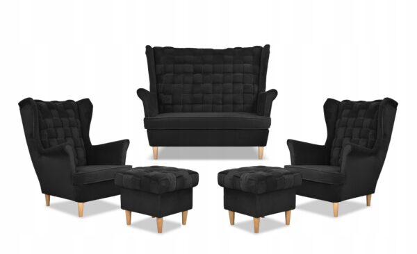 Zestaw wypoczynkowy Carol sofa fotele pufy paski czarny - obrazek 9
