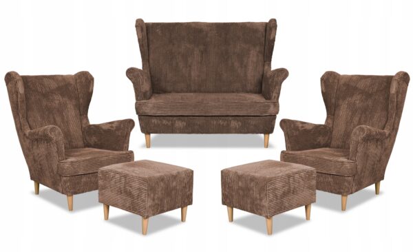 Zestaw wypoczynkowy uszak Bonito sofa fotele pufy brąz sztruks - obrazek 10