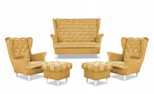 Zestaw wypoczynkowy Carol sofa fotele pufy paski żółty miodowy - obrazek 9