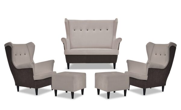 Zestaw wypoczynkowy uszak ARI DUO sofa fotele pufy brąz - beż - obrazek 9