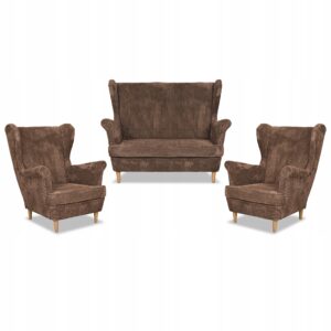 Zestaw wypoczynkowy uszak Bonito sofa fotele brązowy sztruks