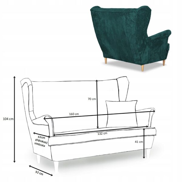 Zestaw wypoczynkowy uszak Bonito sofa fotele zielony sztruks - obrazek 6