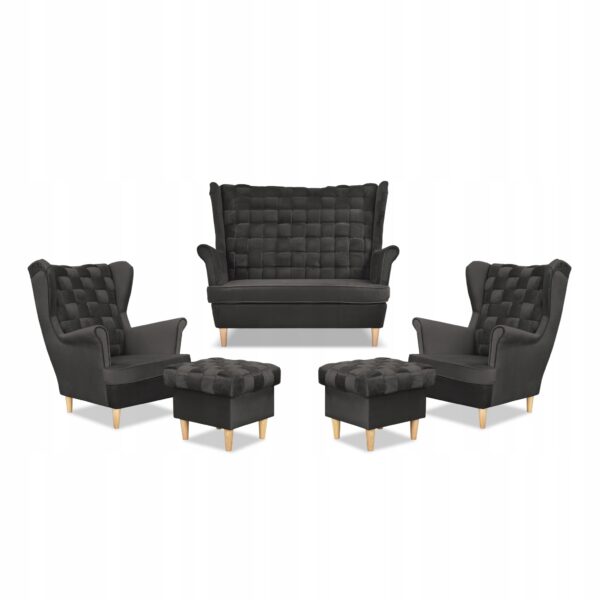 Zestaw wypoczynkowy Carol sofa fotele pufy paski grafitowy