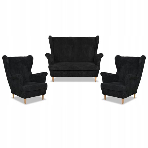 Zestaw wypoczynkowy uszak Bonito sofa fotele czarny sztruks