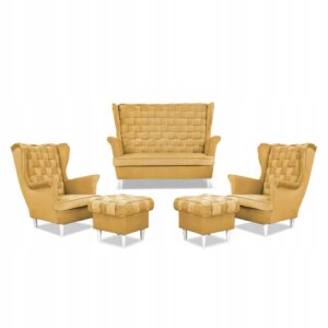 Zestaw wypoczynkowy Carol sofa fotele pufy paski żółty miodowy