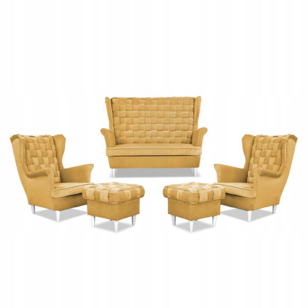Zestaw wypoczynkowy Carol sofa fotele pufy paski żółty miodowy