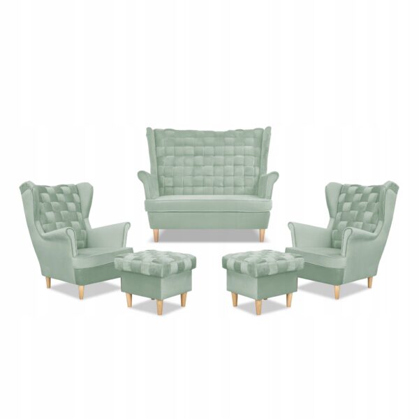 Zestaw wypoczynkowy Carol sofa fotele pufy paski seledynowy