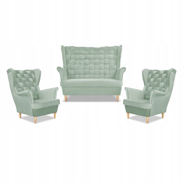 Zestaw wypoczynkowy Carol sofa fotele paski seledynowy