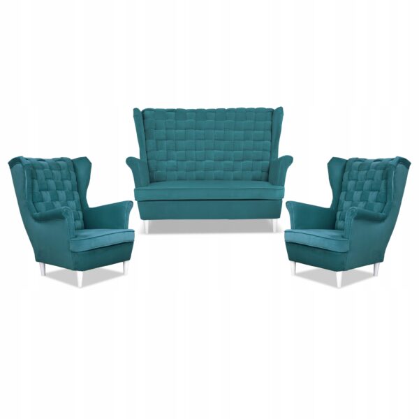 Zestaw wypoczynkowy Carol sofa fotele paski turkusowy