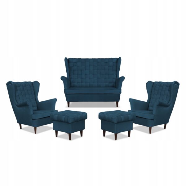 Zestaw wypoczynkowy Carol sofa fotele pufy paski granatowy