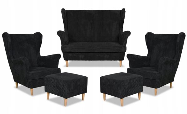 Zestaw wypoczynkowy uszak Bonito sofa fotele pufy czarny - obrazek 10