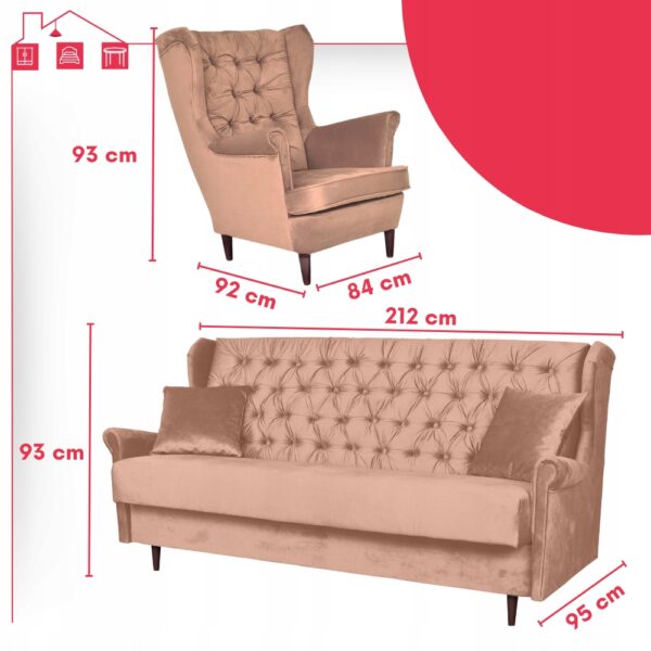 Zestaw wypoczynkowy do salonu sofa 2 fotele BLADORÓŻOWY Gaja - obrazek 12