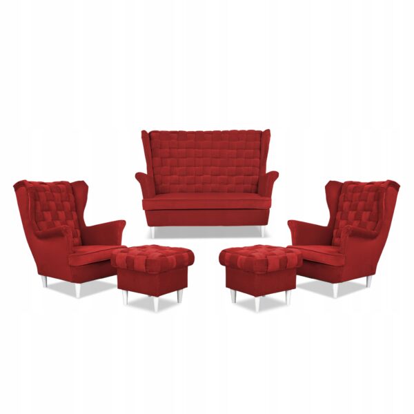 Zestaw wypoczynkowy Carol sofa fotele pufy paski czerwony