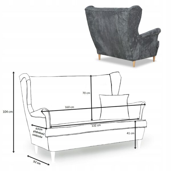 Zestaw wypoczynkowy uszak Bonito sofa fotele pufy szary sztruk - obrazek 6
