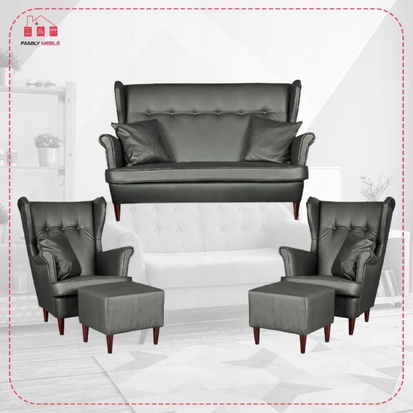 Zestaw wypoczynkowy mebli uszak Eko skóra sofa fotele pufy komplet - obrazek 2