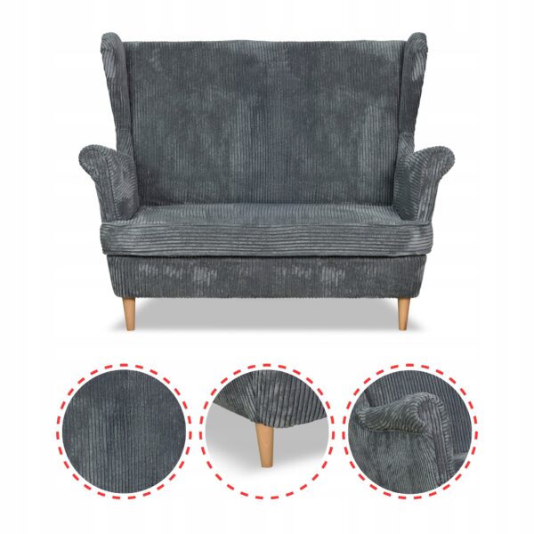 Zestaw wypoczynkowy uszak Bonito sofa fotele pufy szary sztruk - obrazek 4