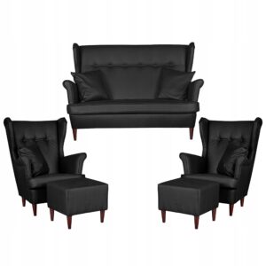 Zestaw wypoczynkowy mebli uszak Eko skóra sofa fotele pufy komplet