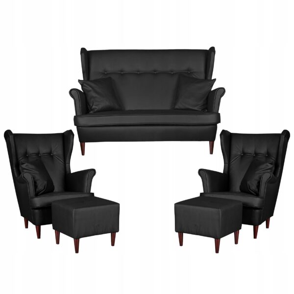Zestaw wypoczynkowy mebli uszak Eko skóra sofa fotele pufy komplet