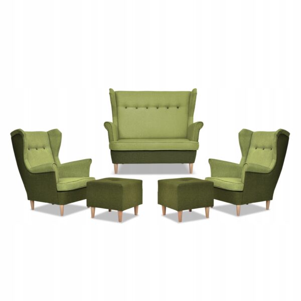Zestaw wypoczynkowy ARI DUO sofa fotele pufy zielono - zielony
