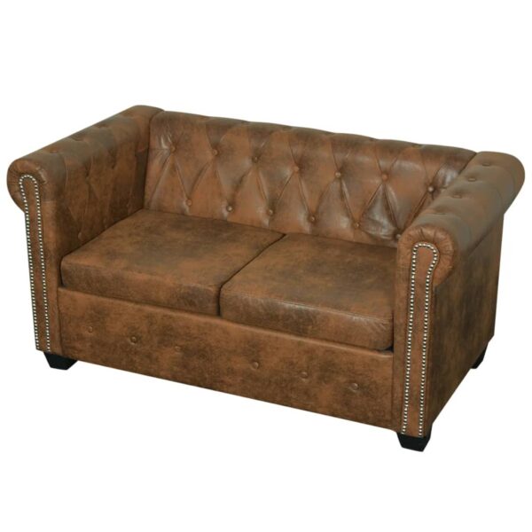 Dwuosobowa sofa Chesterfield ze sztucznej skóry, brązowa - obrazek 2