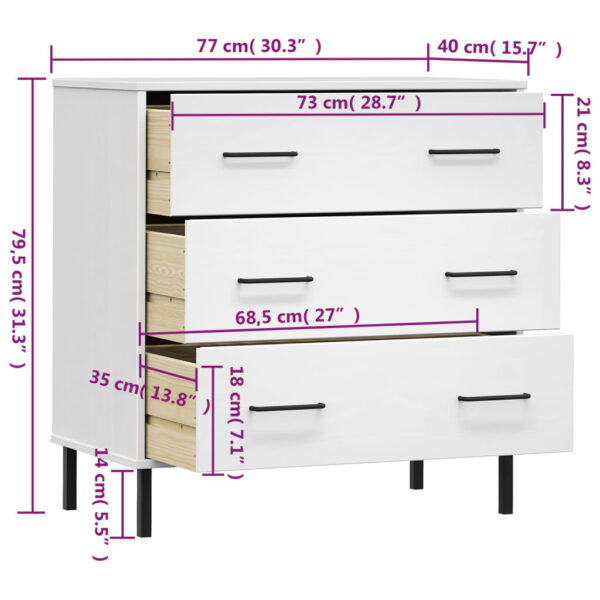 Komoda OSLO z 3 szufladami, biała, 77x40x79,5 cm, lite drewno - obrazek 8