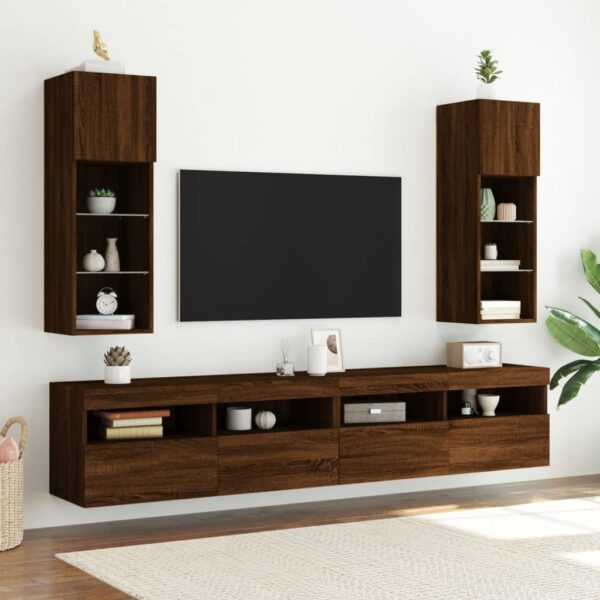 Szafki TV, z LED, 2 szt., brązowy dąb, 30,5x30x90 cm - obrazek 3