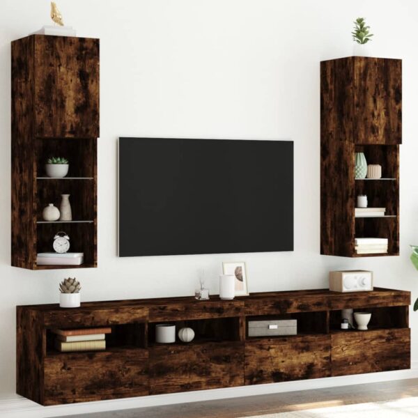 Szafki TV, z LED, 2 szt., przydymiony dąb, 30,5x30x102 cm - obrazek 3