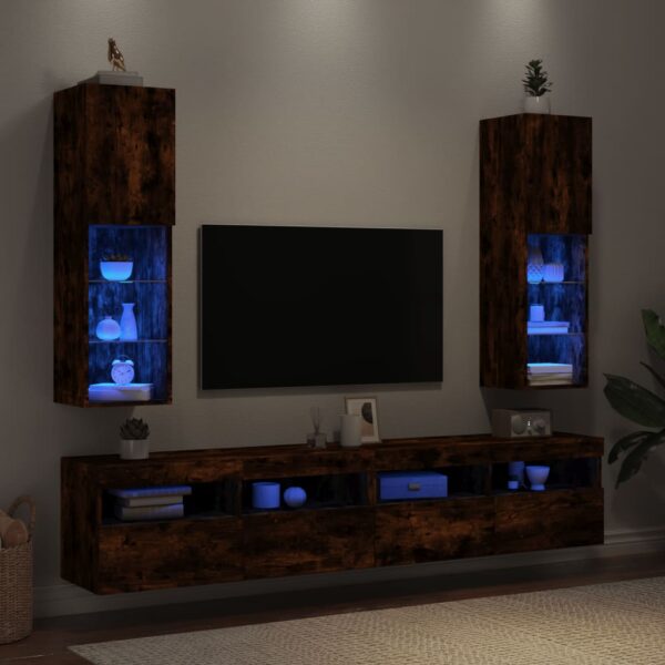 Szafki TV, z LED, 2 szt., przydymiony dąb, 30,5x30x102 cm - obrazek 4